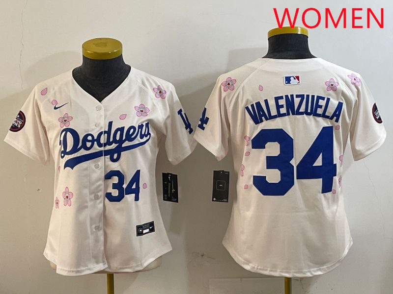 Women Los Angeles Dodgers 34 Valenzuela Cream Sakura Edition 2025 Nike MLB Jersey style 8